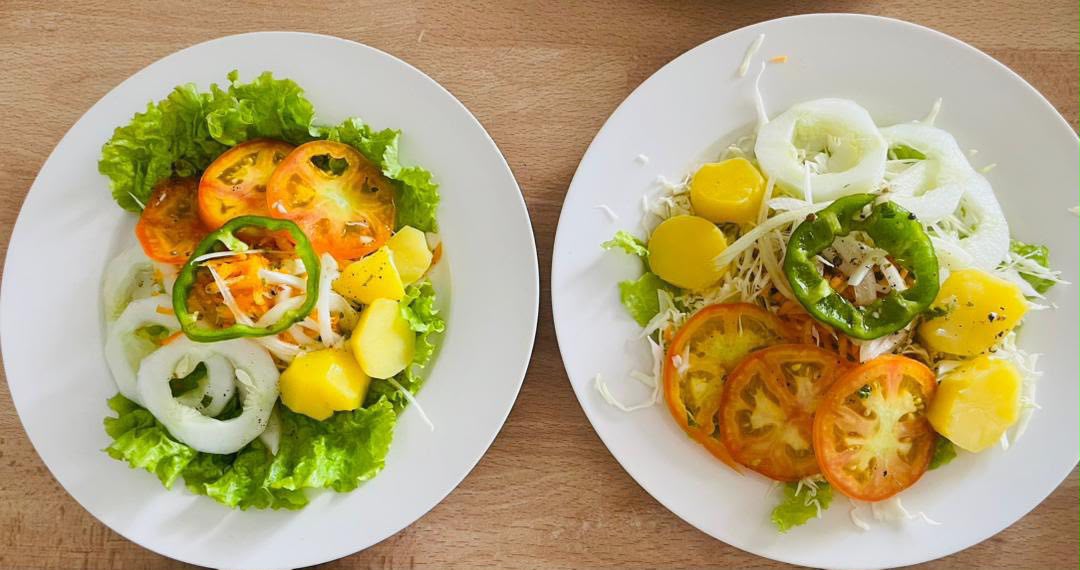 Deux assiettes de salades composées colorées préparées par les apprenantes