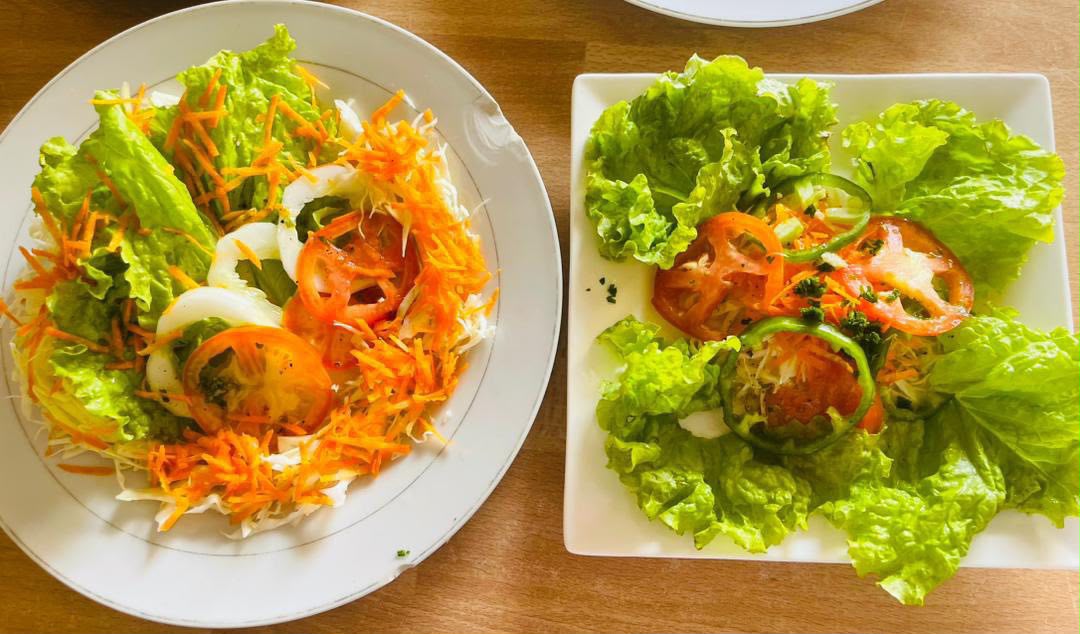 Deux présentations de salade verte garnie de tomates, carottes et poivrons