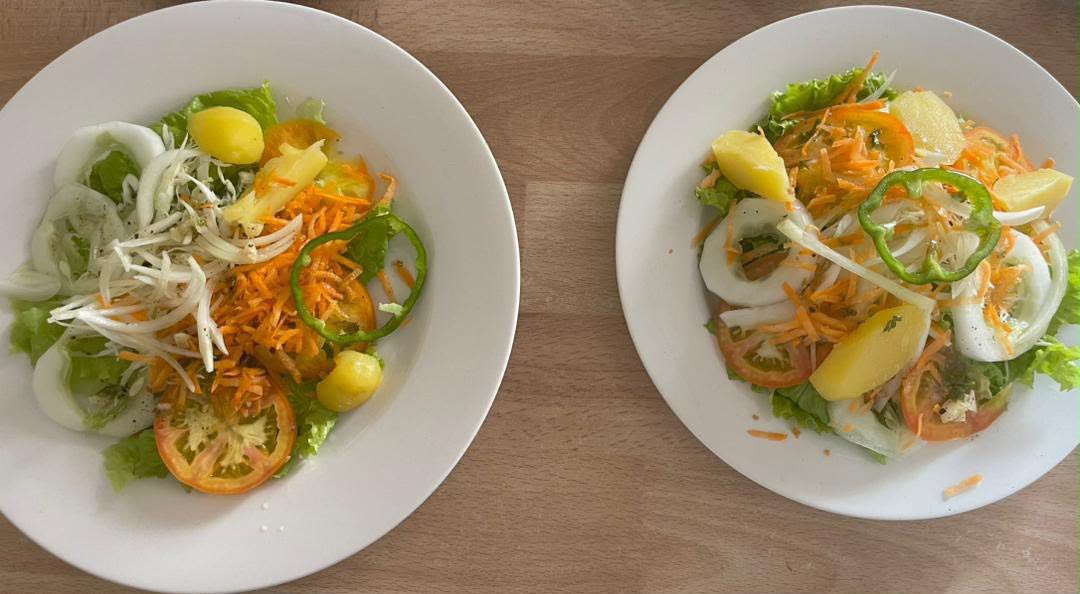 Deux salades garnies de légumes frais dressées dans des assiettes blanches